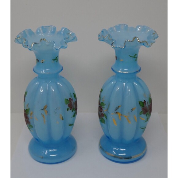 Fenton Melon Hand Painted Floral Blue Glass Vases Gold Trim - Picture 4 of 13